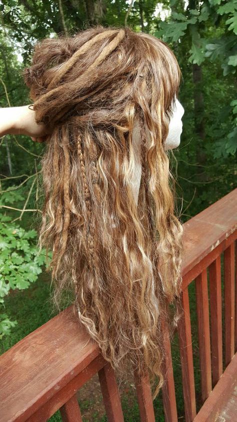 Braids And Extensions, Curly Hair With Dreadlocks, Curly Hair With Dreads, One Dreadlock In Hair, Viking Locs, Celtic Dreads, Half Dreaded Hair, Women Dreadlocks, Wavy Dreads