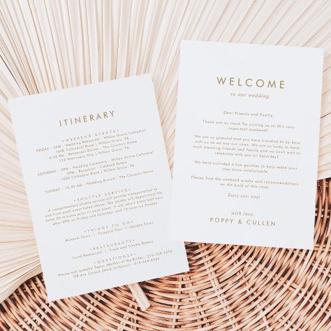 Chic Gold Typography Welcome Letter & Itinerary Summer Craft - rustic wedding welcome letter itinerary, modern wedding hotel guest note, simple wedding weekend, minimalist schedule of events, boho destination wedding welcome bags, classic welcome to our wedding, minimal out of town agenda, elegant chic typography template k400, mod winter fall spring summer, bohemian neutral yellow gold white Guest Welcome Bags, Wedding Welcome Letter, Summer Calligraphy, Elegant Gold Wedding, Wedding Welcome Letters, Wedding Weekend Itinerary, Destination Wedding Welcome Bag, Welcome Letter, Minimalist Card