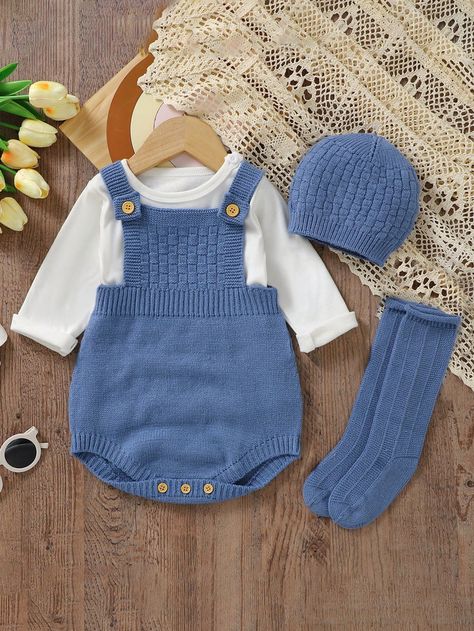 Blue  Collar Sleeveless Knitwear Plain Bodysuits,Jumpsuit,Romper Embellished Medium Stretch  Baby Boys Clothing Crochet Baby Clothes Boy, Crochet Baby Projects, Baby Boy Sweater, Solid Color Sweater, Baby Boy Romper, Crochet Baby Clothes, Romper Outfit, Boys Sweaters