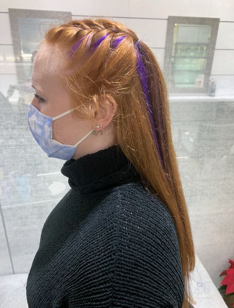 Purple streaks, purple and red hair, purple and ginger hair, purple hair, instagram @emolydoeshair Ginger To Purple Hair, Ginger And Purple Hair, Purple And Red Hair, Purple Hair Streaks, Purple Grey Hair, Purple Streaks, Hair Instagram, Golden Red, Hair Streaks