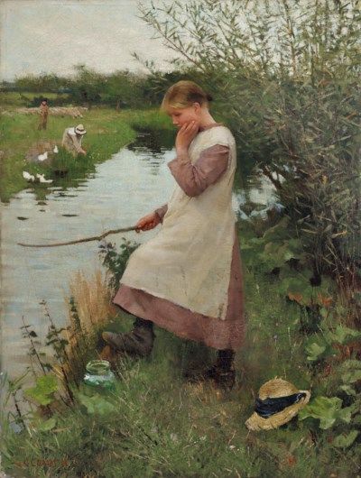 Sir George Clausen, (British, 1852-1944), Holiday Time George Clausen, Claudio Bravo, Printable Vintage Art, Albert Bierstadt, Walker Art, Edouard Manet, Rural Scenes, English Art, Lily Pond