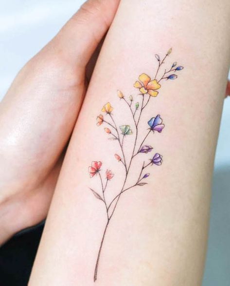 Small Colorful Flower Tattoos For Women, Rainbow Flower Tattoo Small, Small Coloured Tattoos Simple, Rainbow Wildflower Tattoo, Rainbow Dandelion Tattoo, Half Colored Tattoo, Cool Colour Tattoos, Small Rainbow Butterfly Tattoo, Unique Tattoos Color