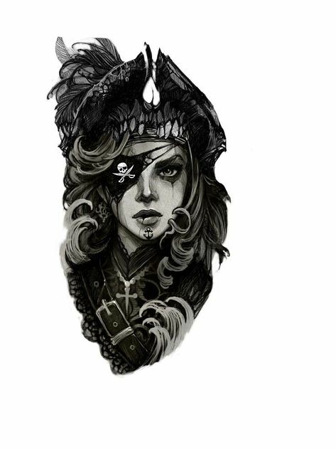 Dark Pirate Tattoo, Pirate Lady Tattoo, Pirate Girl Tattoos, Small Dope Tattoos, Tatuaje Cover Up, Pirate Face, Pirate Tattoo, Girl Face Tattoo, Demon Tattoo