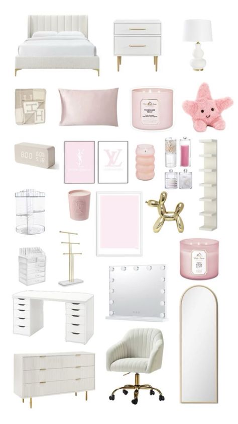 It Girl Room Ideas, Cute Pink And White Room Ideas, White Pink And Gold Bedroom, Bedroom Gold Decor, Pink White Gold Bedroom, Chanel Room Ideas, Room Inspo Pink And White, Pink Room Theme, Light Pink Aesthetic Room