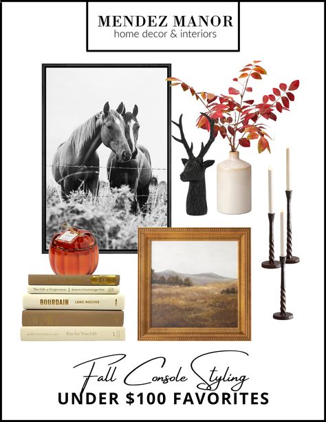 Fall Console Table Accessories and Decor all under $100 Under Window Decor, Branch Arrangements, Decorating For Fall, Console Styling, Iron Candle Holders, Iron Candlesticks, Console Table Accessories, Autumn Display, Iron Candle