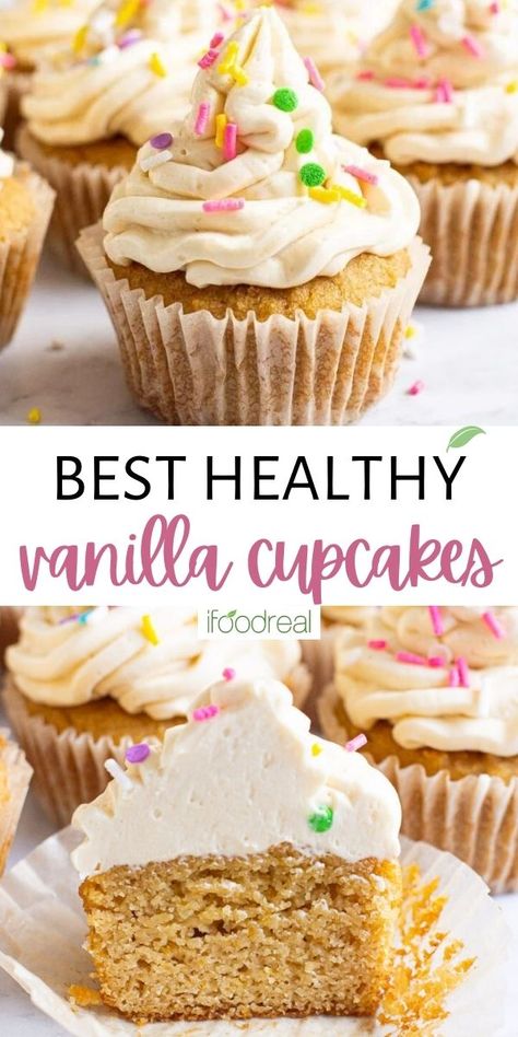 Moist, decadent and delicious Healthy Vanilla Cupcakes are gluten free and refined sugar free, and yet encompass everything we love about a traditional cupcake. Enjoy plain or top with healthy rich buttercream frosting! Healthy Vanilla Cupcakes, Classic Cupcake Recipe, Sugar Free Vanilla Cupcakes, Healthy Cupcake Recipes, Sugar Free Cupcakes, Healthy Frosting, Healthy Cream Cheese, Healthy Cupcakes, Healthier Sweets