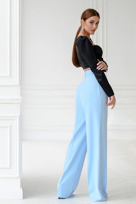 Sky-Blue High Waisted Regular Fit Pants – ELAGIA Sky Blue And Black Outfit, Blue And Black Outfit, Trouser And Top, Formal Crop Top, Regular Fit Pants, Blue White And Black, Fit Pants, Sleeveless Jumpsuits, Puff Sleeve Top