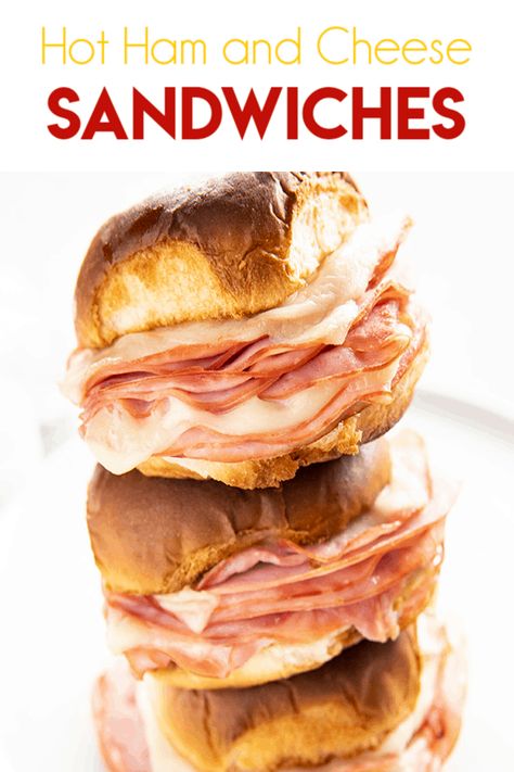 Hot Ham and Cheese Sandwiches are a takeout favorite made at home!  Buttery toasted buns are baked with layers of ham and gooey cheese for a fun and easy weeknight dinner! #hamandcheese #hothamandcheese #easydinnerrecipes #thesaltymarshmallow Hot Subs Sandwiches Ideas, Hot Ham And Cheese Sandwiches, Ham Sandwich Recipes, Hot Ham And Cheese, Ham And Cheese Sandwiches, The Salty Marshmallow, Hot Sandwich Recipes, Salty Marshmallow, Roast Beef Sandwich