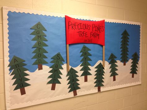 Christmas tree/Winter bulletin board. "Precious Pines Tree Farm" (sign made with bulletin board paper and wrapping paper rolls). Students made trees by stacking triangles/letters to spell their name. Perfect for preschool and/or kindergarten! Christmas Tree Farm Bulletin Board, Christmas Tree Farm Classroom Door, Christmas Tree Bulletin Board Ideas, Farm Bulletin Board Ideas, Christmas Tree Bulletin Board, Koala Crafts, Farm Bulletin Board, Tree Farm Sign, Prek Christmas