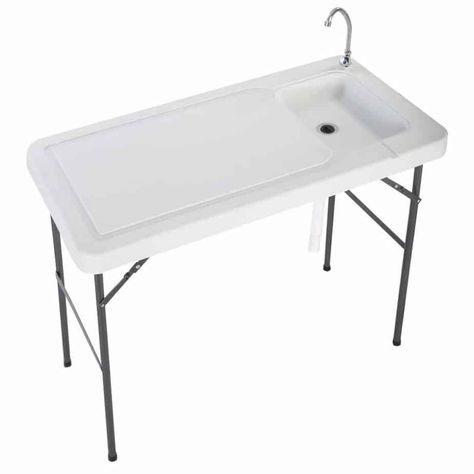 Everything You Need to Camp In A Camper or RV - Organization Obsessed Camping Sink, Fishing Table, Fish Cleaning Table, Folding Camping Table, Cleaning Fish, Rv Organization, Outdoor Sinks, Outdoor Cleaning, Hanging Closet Organizer