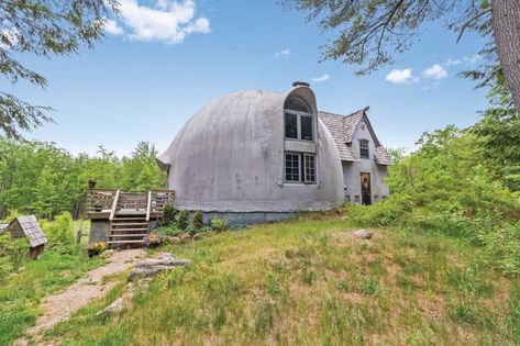 How'd You Like to Live in a Concrete Sculpture? | Maine Homes by Down East Monolithic Dome Homes, Antique Wood Stove, Dome Homes, Cedar Shingle Roof, Kennebunkport Maine, Wood Heat, Dome Home, Concrete Sculpture, Cedar Shingles