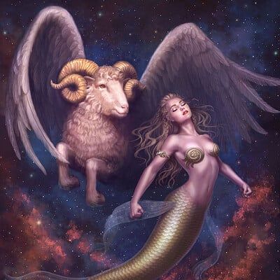 ArtStation - Yasushi Matsuoka Mermaid Zodiac, New Zodiac Signs, Autumn Waterfalls, Aries Art, Aries Constellation, Mermaid Cove, Church Pictures, Zodiac Aries, Astrology Art