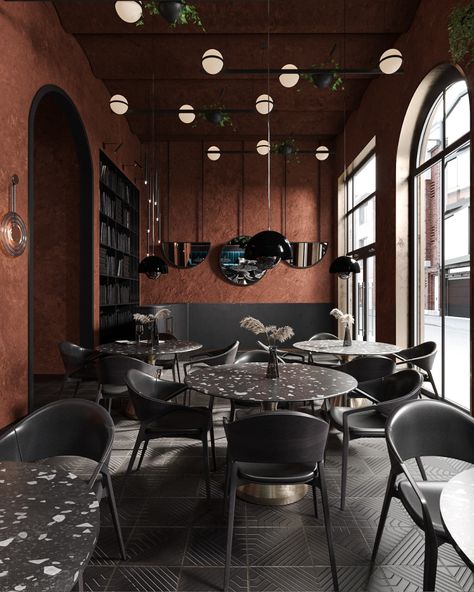 Behance :: For You Black Cafe Interior, Small Bar Restaurant, Restaurant Bar Ideas, Ideation Room, Fitness Interior, Dark Restaurant, Brown Accent Wall, Black Restaurant, Bistro Design