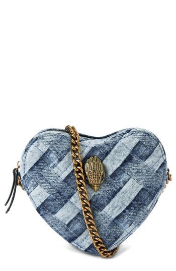 A signature crystal-encrusted eagle head embellishes the exterior of a heart-shaped denim bag fashioned with a chain crossbody strap. Top zip closure Chain crossbody strap Interior wall pocket Lined Textile Imported London Kensington, Denim Crossbody, Kensington London, Eagle Head, Pretty Bags, Denim Bag, Denim Design, Kurt Geiger, Blue Heart