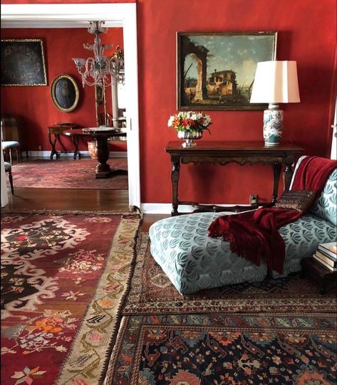 Red Red Cottage Interior, Grandma Couch, Shop Reference, Hollyhock House, 1930s House Interior, Red Living Room, Romantic Living Room, English Living Room, 1940s Home