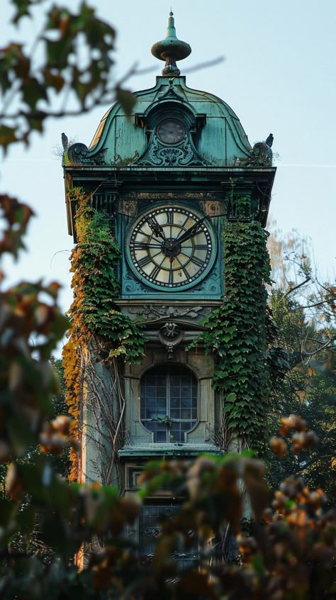 Ivy-Covered Clock Tower: A historic clock tower blanketed with ivy stands tall amidst vibrant foliage under a clear sky. #clock #tower #ivy #architecture #historical #aiart #aiphoto #stockcake ⬇�️ Download and 📝 Prompt 👉 https://stockcake.com/i/ivy-covered-clock-tower_374539_295343 Victorian Buildings Aesthetic, Gothic Clock Tower, Abandoned Clock Tower, Clocktower Aesthetic, Ivy Architecture, Architecture Reference Photo, Clock Tower Aesthetic, Fantasy Clock Tower, Steampunk Clock Tower