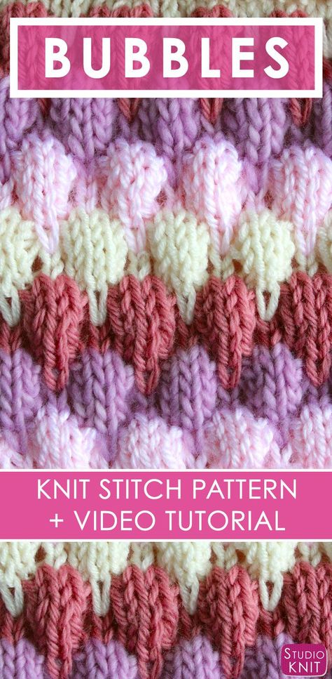 Bubble Knit Stitch Pattern with Easy Free Pattern + Knitting Video Tutorial by Studio Knit. Free Pattern Knitting, Knitted Stitches, Bubble Stitch, Knitting Videos Tutorials, Studio Knit, Knitting Tutorials, Knitting Tips, Knitting Needles Sizes, Pattern Knitting