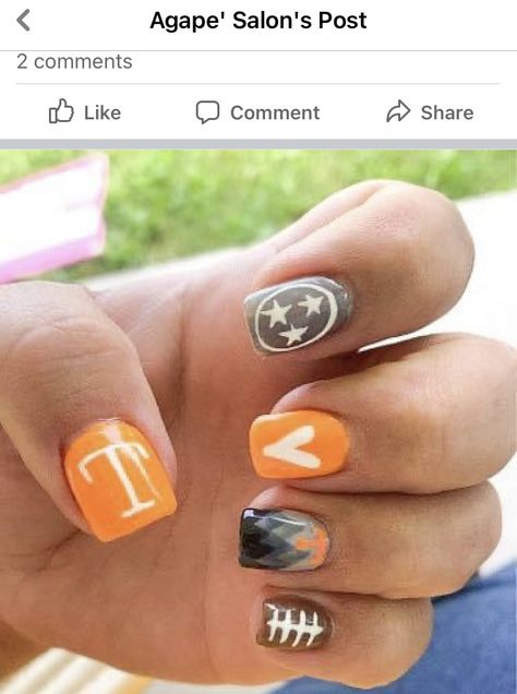 Tennessee Vols Nails Designs, Tennessee Orange Nails, Tennessee Vols Nails, Vols Nails, Tennessee Nails, Sports Nails, Football Nails, Tennessee Vols, Casual Nails