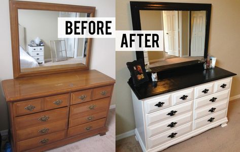 DIY Black and White Dresser Makeover – thriftingpretty Black And White Dresser, Dresser Dresser, Dresser Diy, Diy Dresser Makeover, Bedroom Furniture Makeover, Painted Bedroom Furniture, Dressers Makeover, Shabby Chic Dresser, White Dresser