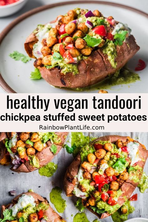 Vegan Tandoori, Rainbow Plant Life, Raita Recipe, Stuffed Sweet Potato, Sweet Potato Recipes Healthy, Sweet Potato Recipe, Stuffed Sweet Potatoes, Tandoori Masala, Vegan Sweet Potato