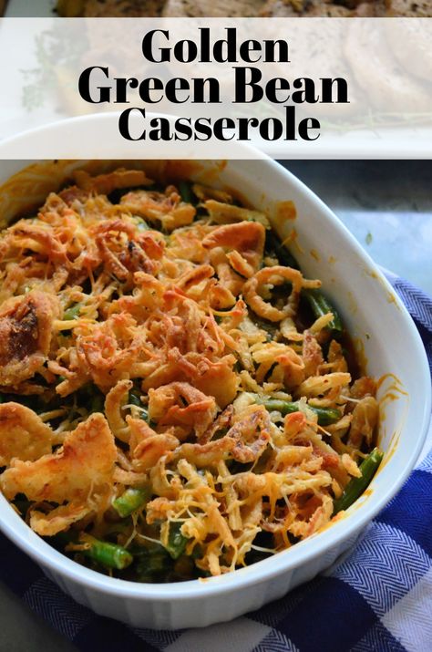 Golden Green Bean Casserole with text Fresh Green Bean Casserole, Crockpot Green Beans, Golden Mushroom, Best Green Bean Casserole, The Best Green Beans, Green Bean Casserole Recipe, Classic Green Bean Casserole, Golden Mushroom Soup, Greenbean Casserole Recipe