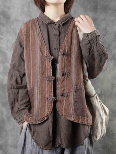 Hobbitcore Fashion, Goblin Clothes, Casual Fantasy Clothing, Masc Cottagecore, Waistcoat For Women, Brown Waistcoat, Striped Vest, Striped Vests, Vintage Vest