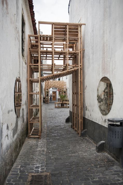 Gallery of Orizzontale Activates the Street with Wooden Intervention in the Azores Islands - 8 Wooden Scaffolding, Temporary Architecture, Azores Islands, Urban Intervention, The Azores, Temporary Structures, Public Architecture, Timber Structure, Urban Furniture