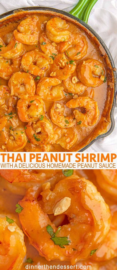 Thai Peanut Shrimp has all the complex Thai restaurant flavors with a homemade peanut sauce with honey, garlic, ginger and lime in just 20 minutes! #thaifood #thaidinner #thaishrimp #shrimp #peanuts #peanutshrimp #seafood #dinnerthendessert Thai Peanut Shrimp, Peanut Shrimp, Shrimp Restaurant, Homemade Peanut Sauce, Thai Peanut Chicken, Thai Peanut Sauce, Hot And Sour Soup, Thai Peanut, Prawn Recipes