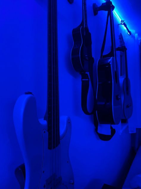 Guitars On Wall, Blue Stuff, Rock Aesthetic, Blue Lighting, Guitar Wall, Phone Icons, Blues Music, Blues Rock, Electric Guitar