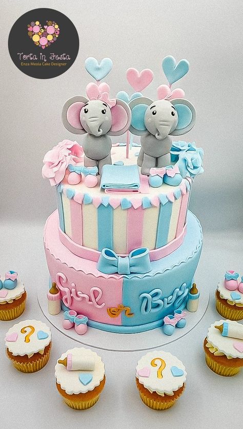 Gender Reveal Cake Elephant, Elephant Gender Reveal Cake, Baby Gender Reveal Cake Ideas, Gender Cake Ideas, Gender Reveal Makeup Ideas, Gender Reveal Torte, Gender Reveal Cake Ideas, Flower Cookies Bouquet, Baby Cake Design