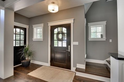 Home Stager Secrets - 6 Eyesores that Make your Home Look Outdated - The Finishing Touch Grey Walls White Trim, Interior Paint Colors For Living Room, Best Gray Paint, Dark Doors, Interior Paint Colors Schemes, Foyer Decorating, Interior Painting, Room Paint Colors, Grey Kitchens