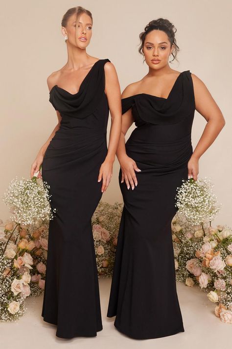 Black Asymmetric Cowl Neck Maxi Dress - Quiz Clothing Black Tie Bridesmaid Dresses, Black Tie Dress Code Women, Black Bridesmaid Dress Mismatched, Bridesmaid Dress Color Schemes, Black Tie Bridesmaids, Velvet Dress Maxi, Cowl Neck Maxi Dress, Wedding Party Outfits, Dress Code Wedding