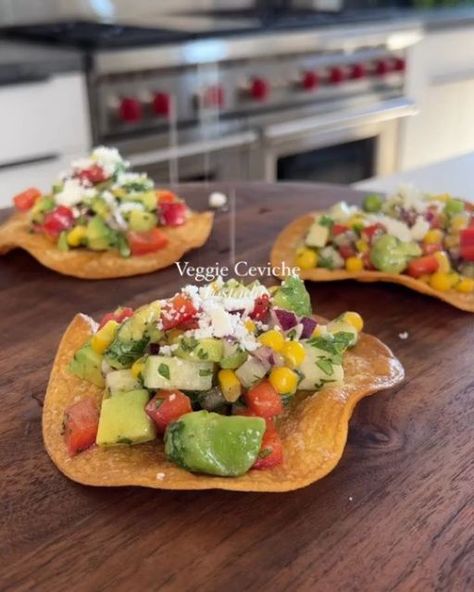 Clean Eat Feed on Instagram: "Say "YUM" if you would eat these Veggie ceviche tostadas✨by @maxiskitchen
.
For the Ceviche:▪️1/2 Cup Jicama, diced small▪️1/4 Cup Red Onion, diced small▪️1/2 of a Serrano Pepper, diced small ▪️1 Avocado, diced small▪️1/2 Cup Red Bell Pepper, diced small▪️1/2 Cup Frozen Corn, thawed▪️1/4 Cup Cilantro, minced▪️
.
For the Dressing:▪️3 Limes▪️3 Tbsp Olive Oil▪️1/4 tsp Salt▪️1/4 tsp Pepper▪️1 Clove Garlic, grated▪️
.
For the Tostadas: ▪️2 Tbsp Avocado Oil▪️6 Corn Tortillas▪️Kosher Salt▪️2 Tbsp Cotija Cheese▪️
.
🌱Vegan Modification: Leave out the cheese
.
1️⃣ Preheat oven to 400°F (convection if you have it) and drizzle 2 Tbsp avocado oil on a baking sheet
2️⃣ Coat tortillas in oil on both sides, sprinkle with some salt, and bake for 7 minutes on the first side, f Veggie Ceviche Tostadas, Ceviche Tostada, Recetas Aesthetic, Prep Healthy Meals, Vegan Ceviche, Food Mediterranean, Yummy Veggies, Ceviche Recipe, Mexican Dish