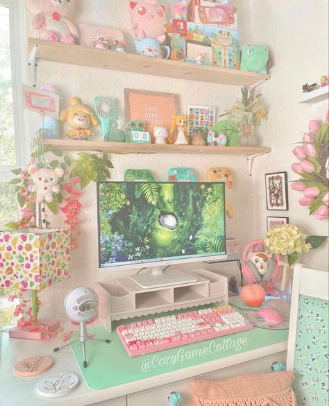 White Pc Setup, Kawaii Desk, Cozy Games, Cozy Gaming, Cozy Desk, Desk Setups, Otaku Room, Gamer Room Decor, Gaming Setups