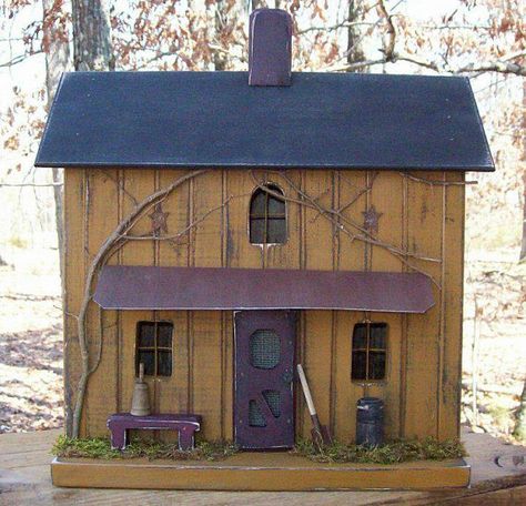 Primitive Lighted Farmhouse Folk Art w/ by GooseberryCreek on Etsy Shaker Bench, Primitive Houses, Salt Box House, Primitive House, Saltbox Houses, Birdhouses Rustic, Rustic Birdhouse, Salt Box, Primitive Farmhouse