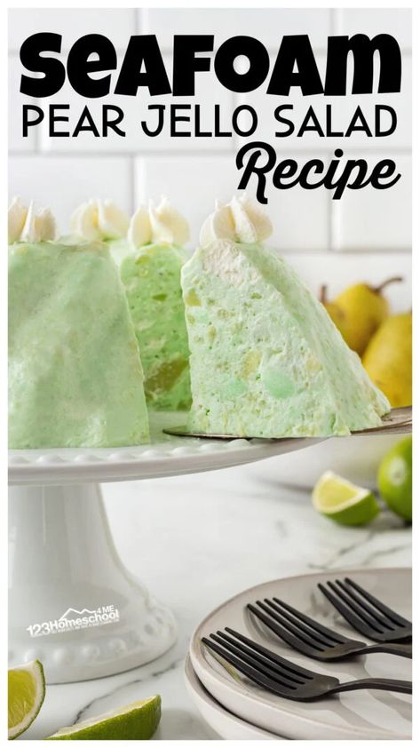 Jello With Cream Cheese Recipes, Sea Foam Salad, Pear Jello Salad Recipes, Pear Jello Salad, Cottage Cheese Lime Jello Salad, Lime Pear Jello Salad, Lime Pear Cream Cheese Jello, Seafoam Salad Recipe, Lime Jello Salad Recipes