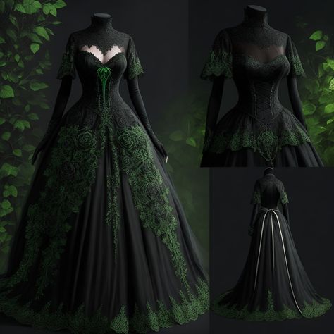 Emerald And Black Wedding Dress, Black And Green Fantasy Dress, Raven Wedding Dress, Gothic Royalty Aesthetic Dress, Black Green Wedding Dress, Dark Green And Black Dress, Dark Green Wedding Dress The Bride, Emerald Green And Black Wedding Dress, Deep Green Wedding Dress