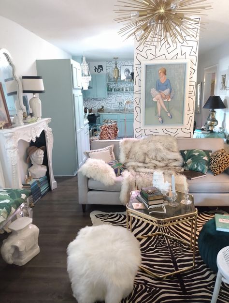 Glam Lounge Room, Vintage Glam Apartment, Hollywood Regency Fireplace, Gray Couch Maximalist, Retro Glam Aesthetic Room, 80s Glam Furniture, Blue Couch Retro Living Room, Vintage Glam Living Room, Retro Chic Decor