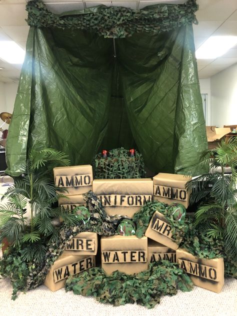 Gods Army Trunk Or Treat, Army Backdrop Party Ideas, Gods Army Sunday School Decor, Camo Classroom Theme, Army Vbs Decorations, Boot Camp Birthday Party, Vbs Army Theme, Lords Army Trunk Or Treat, Military Trunk Or Treat