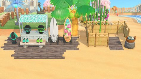 Acnh Beach Surf Shop, Beach Idea Animal Crossing, Simple Panel Designs Acnh Beach, Surf Shop Codes Acnh, Wave Breaker Animal Crossing, Acnh Beach Area Ideas, Beach Shower Acnh, Beach Boardwalk Animal Crossing, Outdoor Shower Acnh