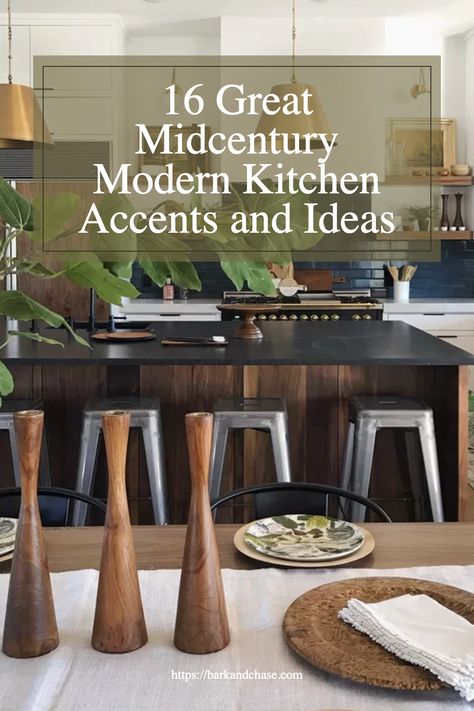 A roundup of 16 great midcentury modern kitchen accents and ideas to help inspire your next redesign or renovation project! Mid Century Modern Walnut Kitchen, Mid Modern Kitchen, Modern Kitchen Open Shelving, Modern Kitchen Nook, Mid Century Modern Kitchen Island, Mid Century Modern Kitchen Renovation, Mid Century Modern Kitchen Cabinets, Mid Century Modern Kitchen Decor, Kitchen Nook Decor