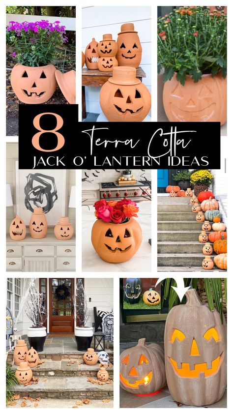 The Halloween Home || Terra Cotta Jack O' Lanterns - Southern State of Mind Blog by Heather Jack O Lantern Ideas, Halloween Vase, Pumpkin Pail, Scream Halloween, Halloween 5, Lantern Ideas, Fall Planters, Inside Decor, Halloween Style