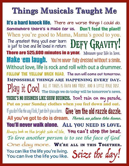 Things Musicals Taught Me • Also buy this artwork on wall prints, apparel, stickers, and more. Musical Theatre Quotes, Me Poster, Theatre Quotes, Make Em Laugh, Theatre Nerds, Theatre Life, Yellow Brick Road, Vertical Poster, Newsies