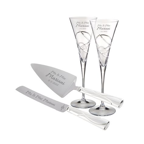 PRICES MAY VARY. Celebrate your first taste of true love as a wedded couple with the playful and romantic Lenox Adorn Wedding Bundle. This complete set combines the Lenox Adorn Wedding Cake Knife & Server Set with the matching Adorn Wedding Champagne Flutes, all professionally engraved with the names and wedding date of the happy couple to create one-of-a-kind keepsakes that can be cherished for a lifetime. All pieces in this set feature a delicate ribbon accent pattern, found on the bowls of th Engraved Champagne Flutes, Wedding Cake Knife, Toasting Flutes Wedding, Wedding Cake Server, Cake Server Sets, Wedding Champagne, Cake Knife, Wedding Toasts, Engraved Wedding