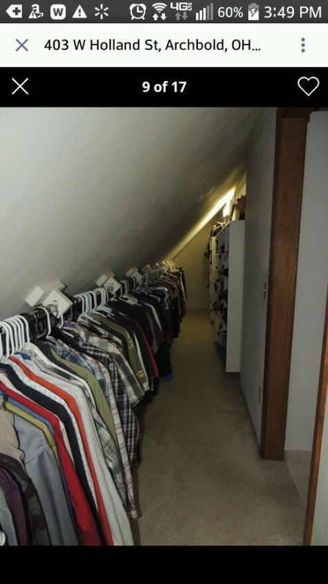 Closet under roof slant solution Sloped Closet Slanted Ceiling, Slanted Roof Storage, Pitched Roof Closet, Slanted Roof Closet, Closet Under Roof, Small Slanted Closet Ideas, Slanted Closet Ideas, Loft Bedroom Ideas Sloped Ceiling, Slanted Roof Bedroom