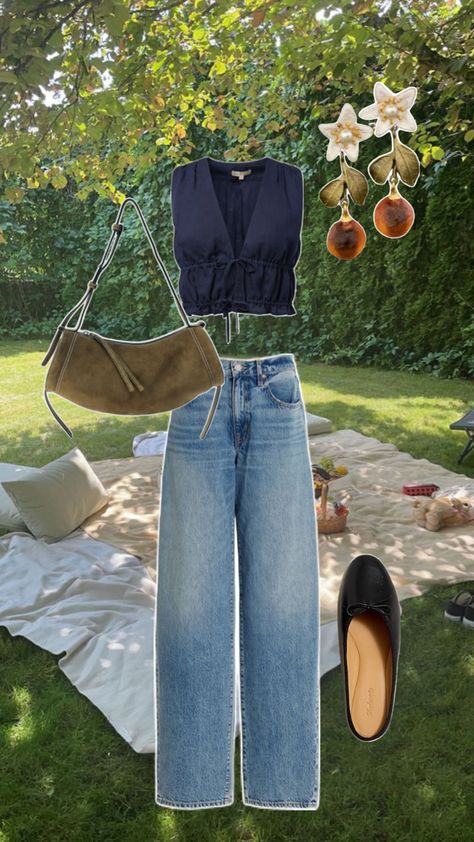 Summer fit, spring fit, women’s fashion, women’s outfit, high waisted jeans, blue tie front top, ballet flat mules, picnic aesthetic Blue Jeans Summer Outfit, Picnic Outfit Summer, Picnic Outfit, Picnic Aesthetic, Jeans Outfit Summer, Spring Fits, Flat Mules, Tie Front Top, Summer Blue