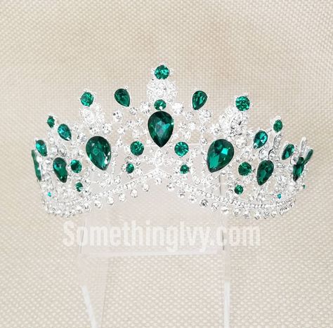 "❤Shop with us online at - https://SomethingIvy.com/❤ Fast Ship - Contour Fit Silver Green Baroque Crown - Emerald Green Tiara - Tiara with Emerald Green Stones - Silver Crowns Add on Emerald Green Gloves: https://www.etsy.com/listing/1209405869/23-hunter-green-gloves-opera-gloves Sign up for promotions here - https://somethingivy.com/pages/promo-sign-up Size: 2.5\" at it highest point Colors : Silver/Green, Gold/Emerald Green/Crystals Features pin loops for bobby pins for easy hair pinning of t 15 Crowns, Crown Emerald Green, Emerald Green Tiara, Emerald Green Crown, Crown Emerald, Green Tiara, Silver Crowns, Tiara Collection, Baroque Crown