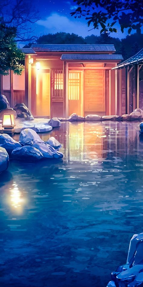 Japanese Hot Springs Anime, Hot Springs Drawing, Hot Spring Anime, Hot Springs Anime, Onsen Aesthetic, Waterfall Background, Background References, Japanese Hot Springs, Spring Drawing