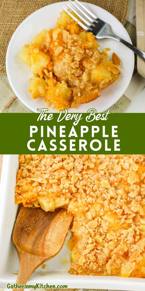 A delicious blend of tangy pineapple and sharp cheddar cheese, topped with a crunchy Ritz cracker crust. Perfect for gatherings! Pineapple Cheddar Cheese Ritz Crackers, Pineapple And Cheese Casserole, Southern Pineapple Casserole, Pineapple Casserole With Ritz Crackers, Pineapple Side Dish, Easy Pineapple Casserole Recipe, Fall Potluck Dishes, Veg All Casserole, Pineapple Cheese Casserole