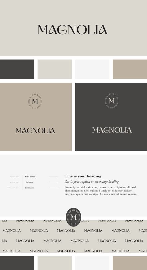 A simple and elegant design, Magnolia has a touch of luxury wrapped in a warm colour palette. Enjoy a custom brand name pattern to compliment your logo.Ideal forPersonal Brands, Bloggers, Artisans & Makers, Floral or Wedding Industry, Coaches & Consultants, Anyone looking for a modern and simple flare in their brand identity. Explore our collection of expert logo designs, created to elevate your brand’s image. Ideal for establishing a strong brand identity! Luxury Branding Colors Palette, Elegant Colour Palette Branding, Luxury Brand Website Design, Colour Palette Luxury, Simple Brand Identity, Luxury Wedding Branding, Color Palette Professional, Luxury Brand Colours, Modern Luxury Branding